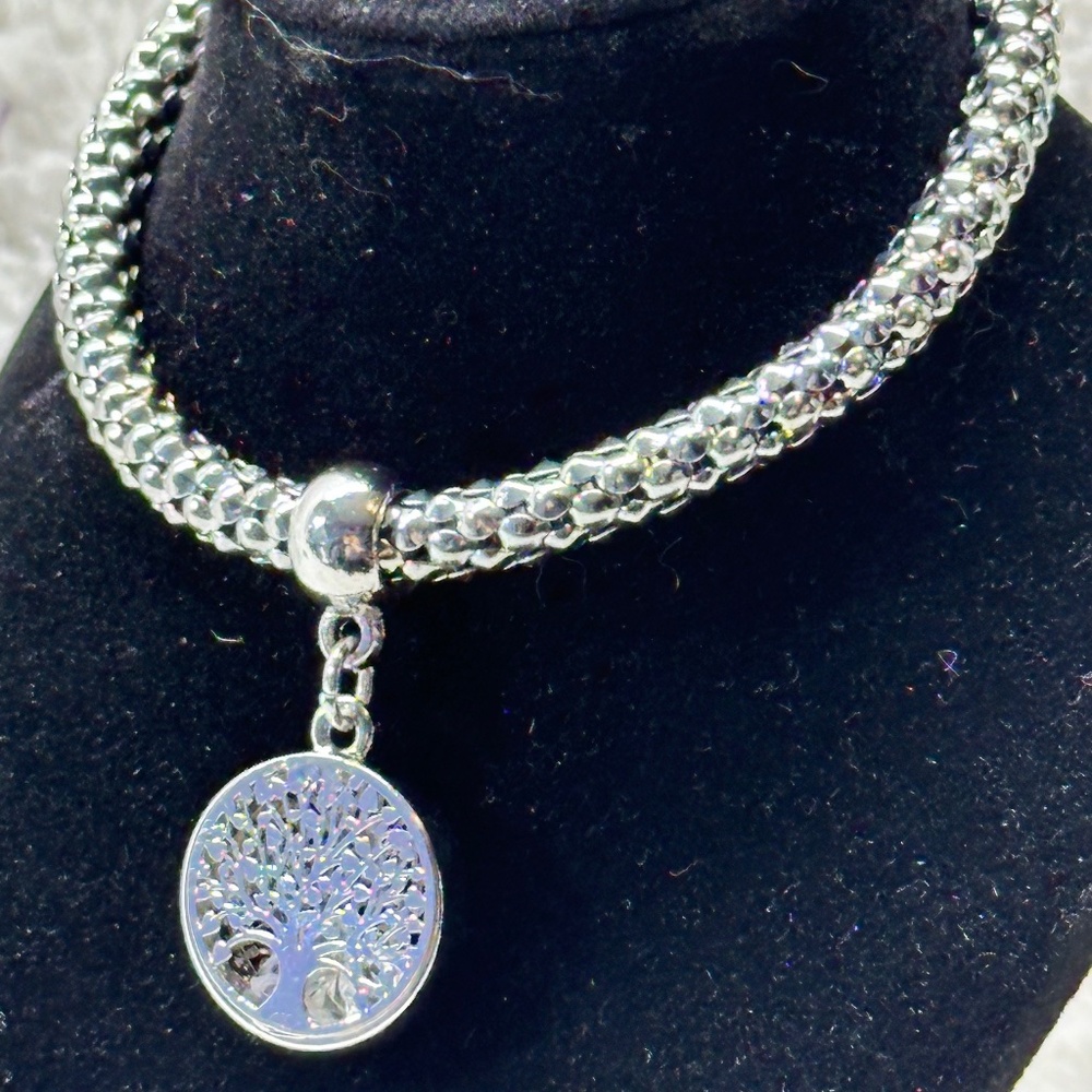 Crystal Heart Tree Charm Bracelet with stretchy, chunky band